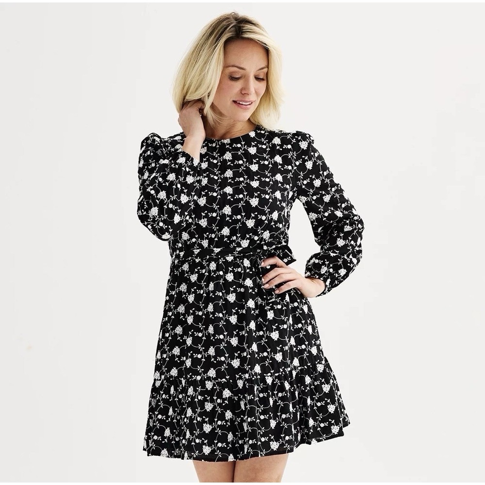 Draper James RSVP Embroidered Floral Black & White Short Career‎ Dress Size XL